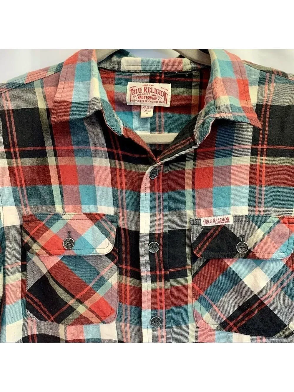 TRUE Religion red teal plaid check flannel fleece button down shirt size 8